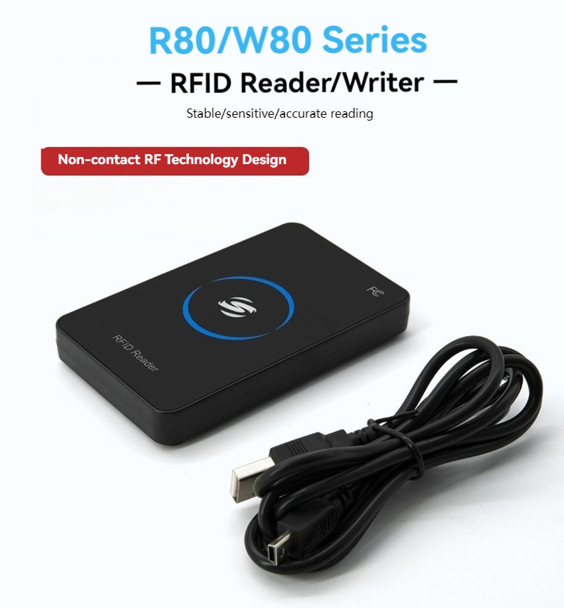 Gráfico promocional apresenta o leitor gravador RFID HF série R80 W80 para tarefas estáveis e sensíveis de leitura de cartões.