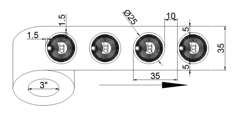Este esquema técnico apresenta as dimensões precisas e o layout circular das etiquetas hf rfid usadas na gestão inteligente de expositores de joias.