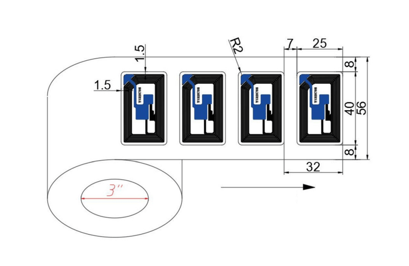 O diagrama técnico detalha as camadas e os componentes das etiquetas RFID HF destinadas ao rastreamento da cadeia farmacêutica.