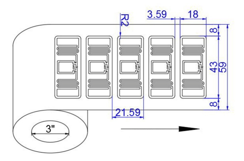 Desenho técnico da etiqueta RFID UHF com dimensões, espaçamento entre antenas e referência do núcleo de bobina de 3 polegadas.