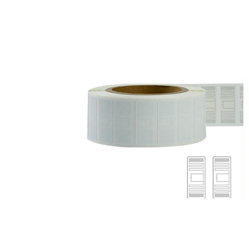 Vista frontal de um rolo de etiquetas RFID UHF brancas, acompanhado por duas amostras ampliadas do desenho da antena.