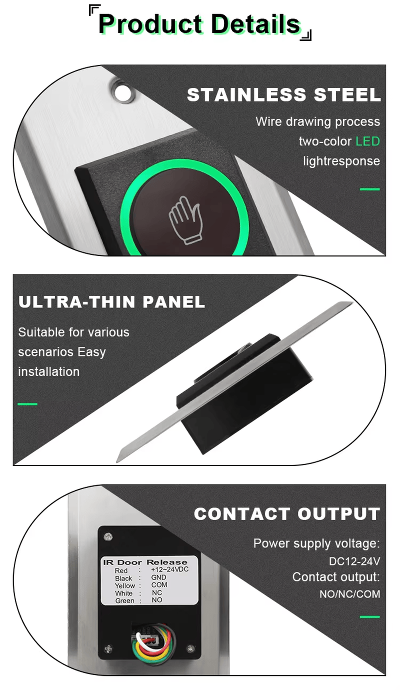 Botão infravermelho de saída sem toque com painel de LED duplo, mostrado em uma perspectiva de pedido em grande quantidade, para aplicações de botões de saída.