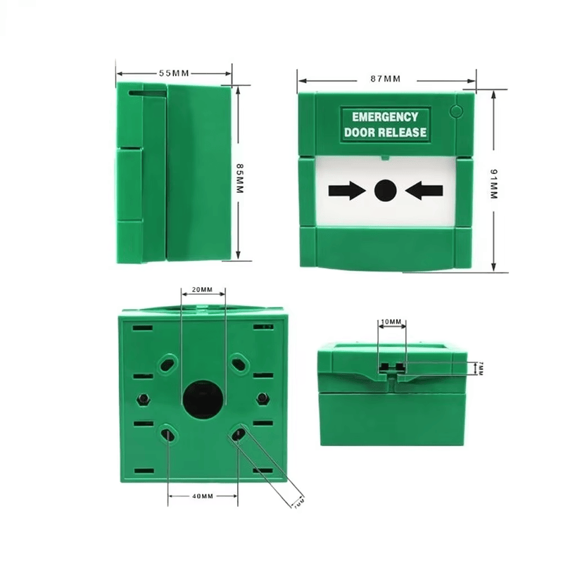 Imagem nítida de Botão Quebra-Vidro Rearmável para Portas Corta-Fogo destacando design personalizado para aplicações de Botões de saída.
