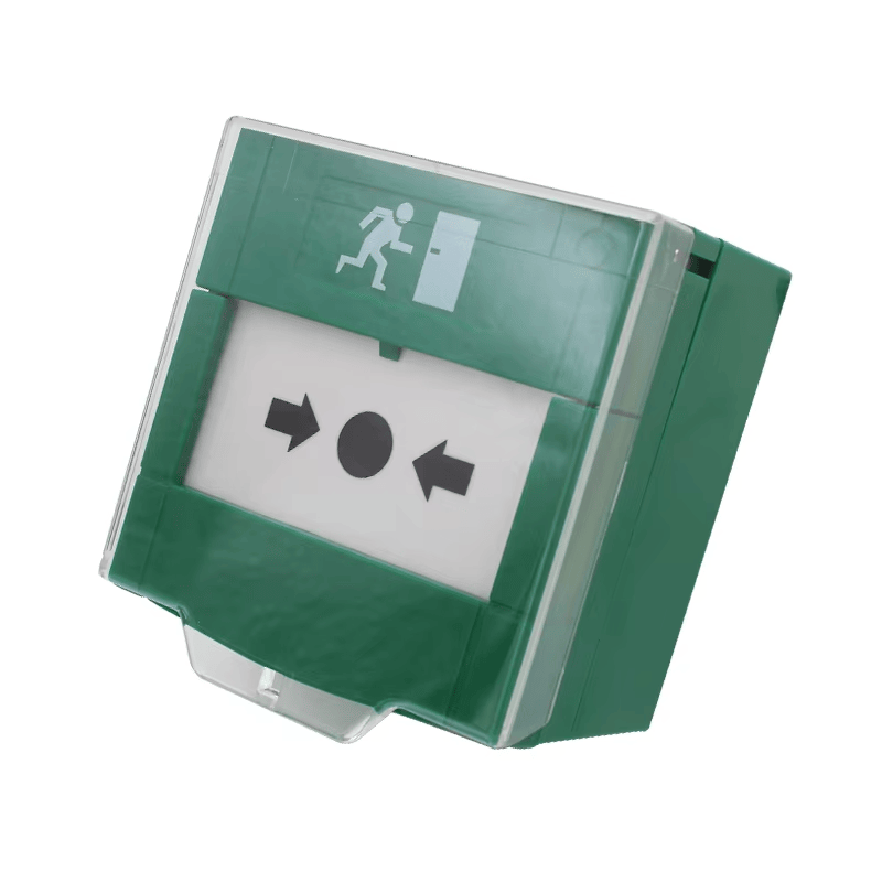 Botão verde quebra-vidro rearmável para saída de emergência, vista frontal para projetos de Exit Buttons.