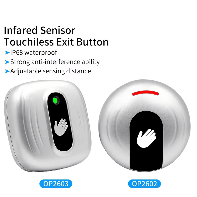 Botão de saída infravermelho sem toque em aço inoxidável com destaque para a borda polida em projetos de Exit Buttons.