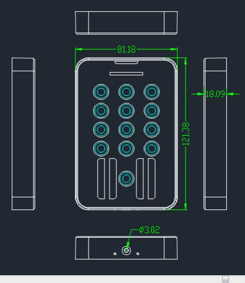 Um desenho técnico preciso apresenta as dimensões físicas do terminal Q20-Kit, incluindo altura, largura e profundidade, para fins de planejamento.