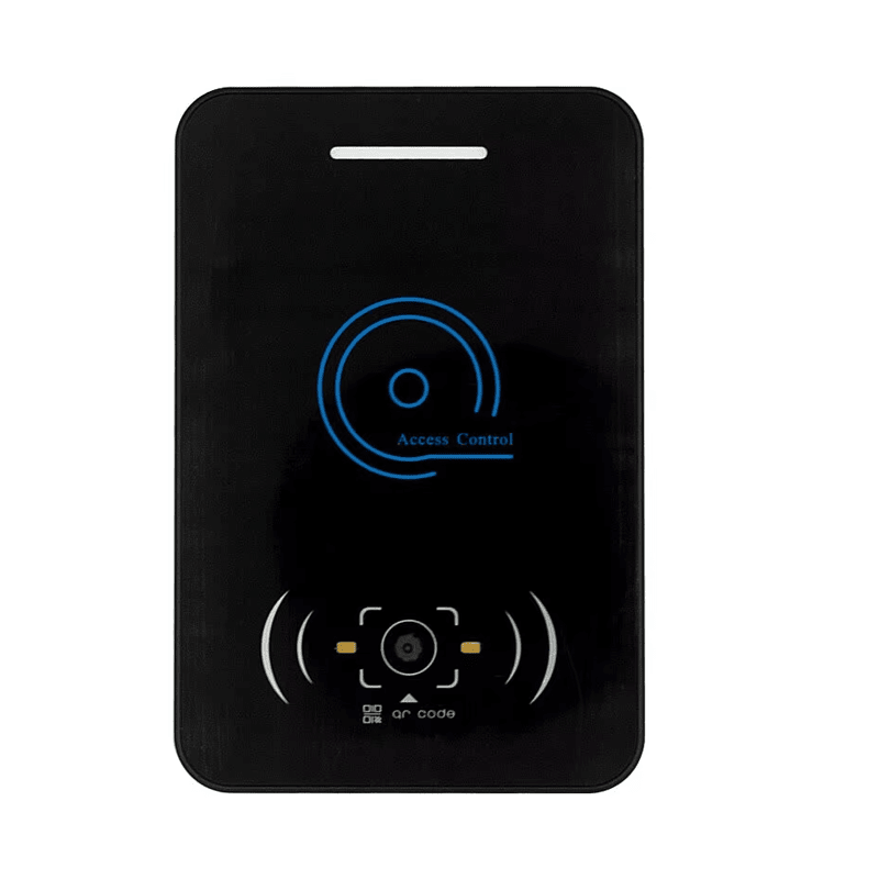 O terminal de acesso por código QR Q10 é exibido junto com sua placa de montagem e parafusos fornecendo um kit completo de instalação para usuários