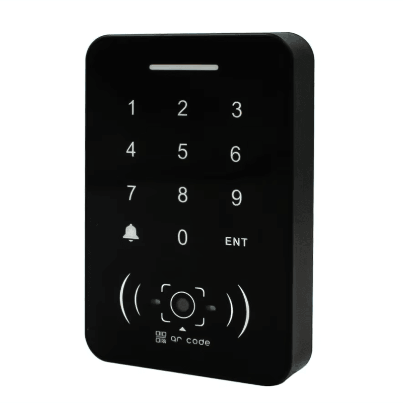Um close detalhado da lente do leitor Q20 demonstra a tecnologia óptica avançada usada para reconhecimento de códigos QR rápido e preciso