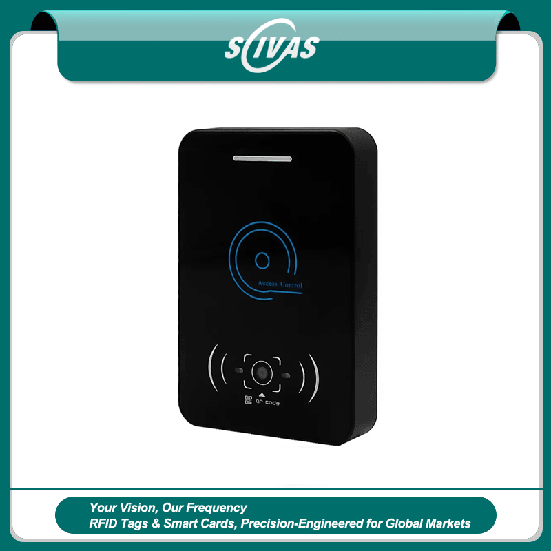Este terminal de controle de acesso por código QR Q20-CQ apresenta design preto compacto com uma janela de leitura de alta velocidade dedicada para entrada segura