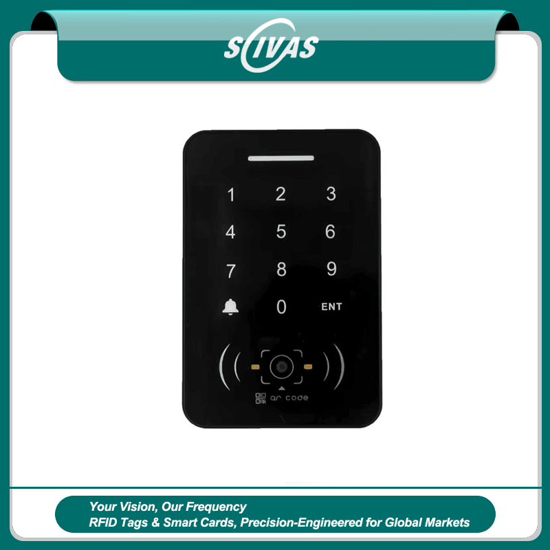 O terminal de controle de acesso por código QR Q20-Kit apresenta design preto compacto com uma janela de leitura de alta precisão para segurança