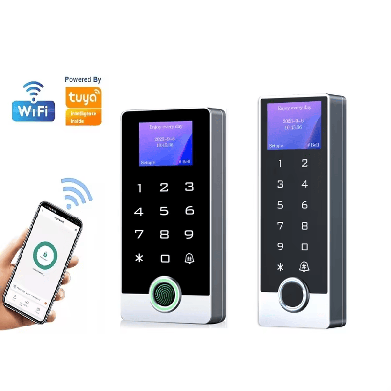Um gráfico promocional apresenta a série TF1-LCD com controle por smartphone e opções de terminais de acesso com WiFi.