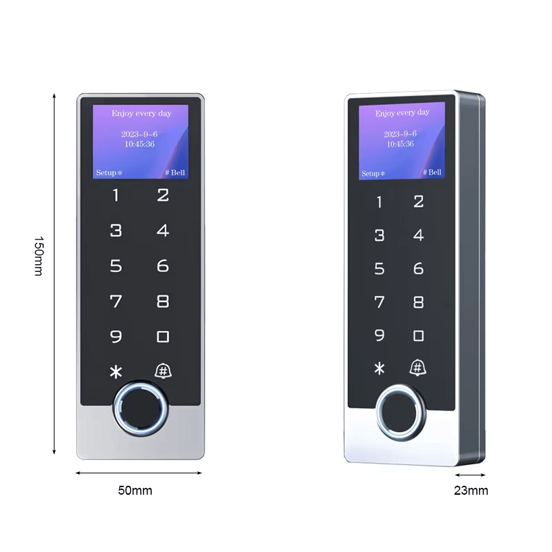 Um terminal compacto no estilo TF1-LCD é mostrado nas vistas frontal e lateral, com medidas para orientar a instalação.