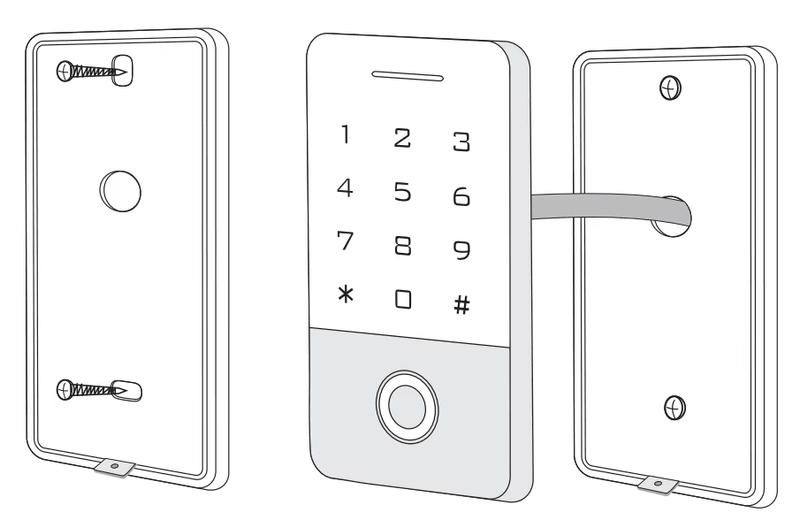 Desenho técnico com as dimensões compactas do terminal de acesso VF1 para auxiliar no planejamento da instalação em parede.