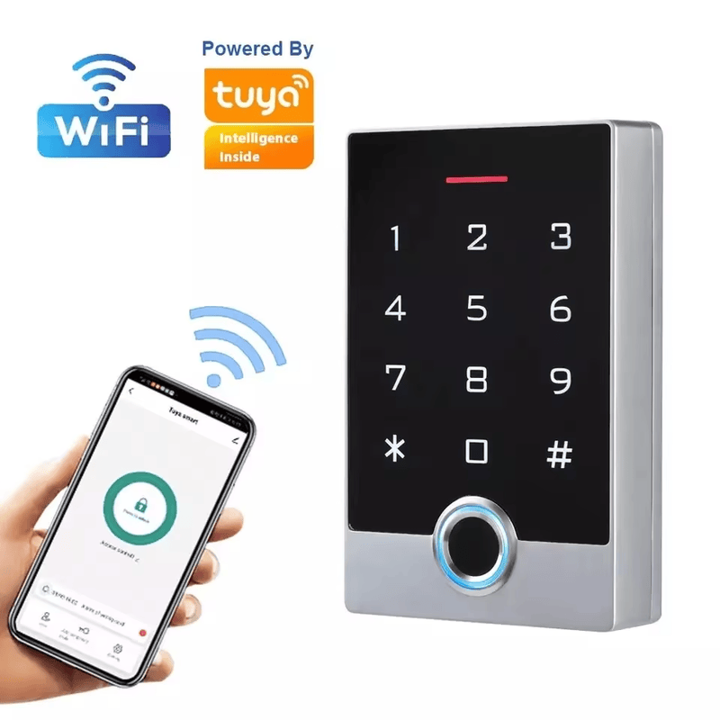 Interface de gerenciamento do aplicativo Tuya com notificações e registros de acesso remoto do dispositivo de segurança VF1.