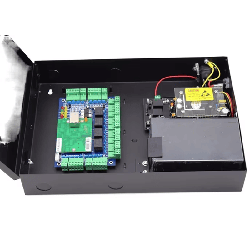 O controlador de acesso ac02 e a fonte de alimentação estão instalados dentro de um gabinete metálico com terminais de fiação internos transformador e módulos.