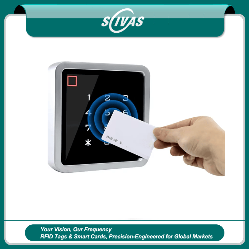 O terminal inteligente de controle de acesso Tuya T8 apresenta design quadrado preto com teclado digital sensível ao toque para entrada segura em edifícios