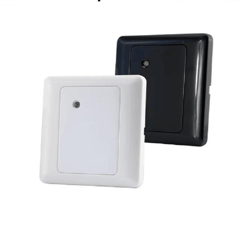 Leitor RFID Mini Wiegand para Controle de Portas mostrado em perspectiva frontal clara do painel para aplicações de leitores RFID de controle de acesso.
