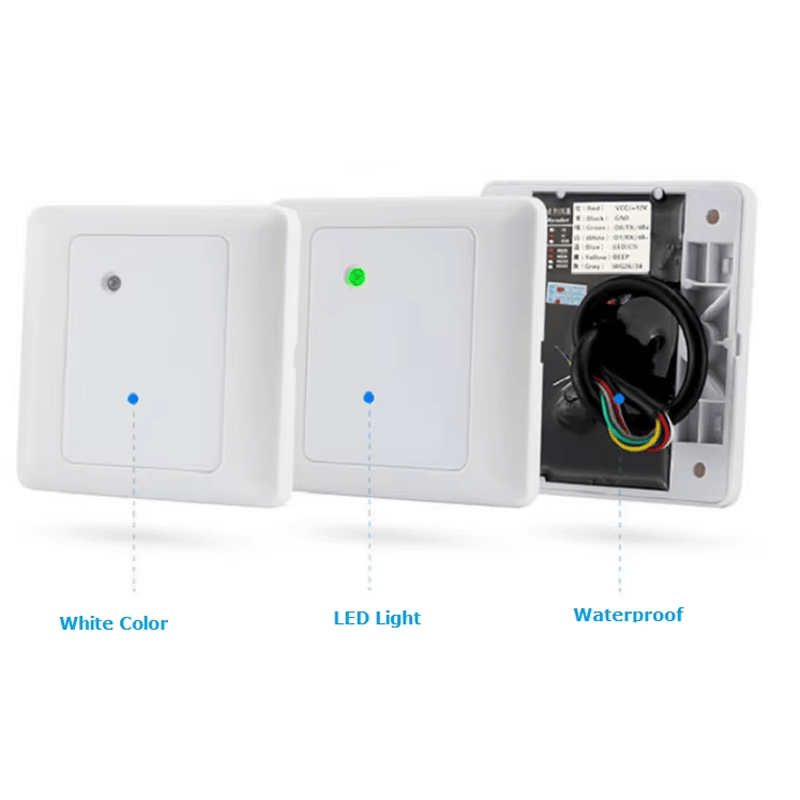 Imagem nítida de Leitor RFID Mini Wiegand para Controle de Porta destacando acabamento do material para aplicações de Leitores de acesso RFID.