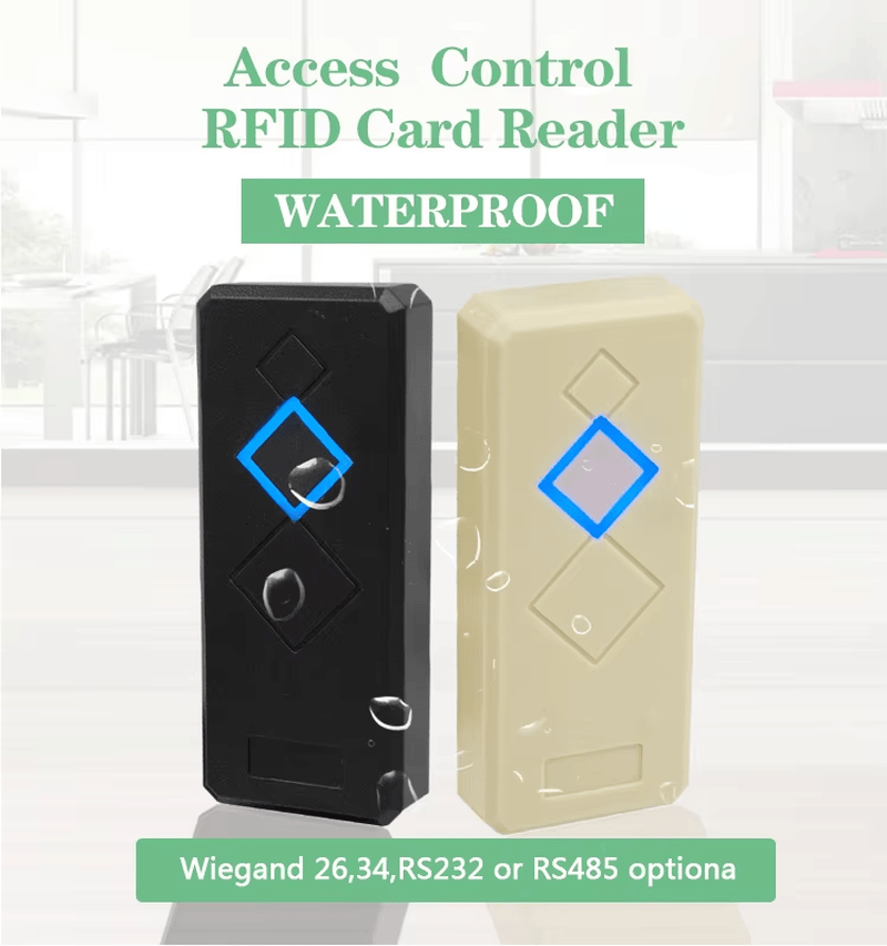 Leitor RFID EM 125KHz com saída Wiegand visto em detalhe com indicador LED para aplicações de leitores RFID de controle de acesso.