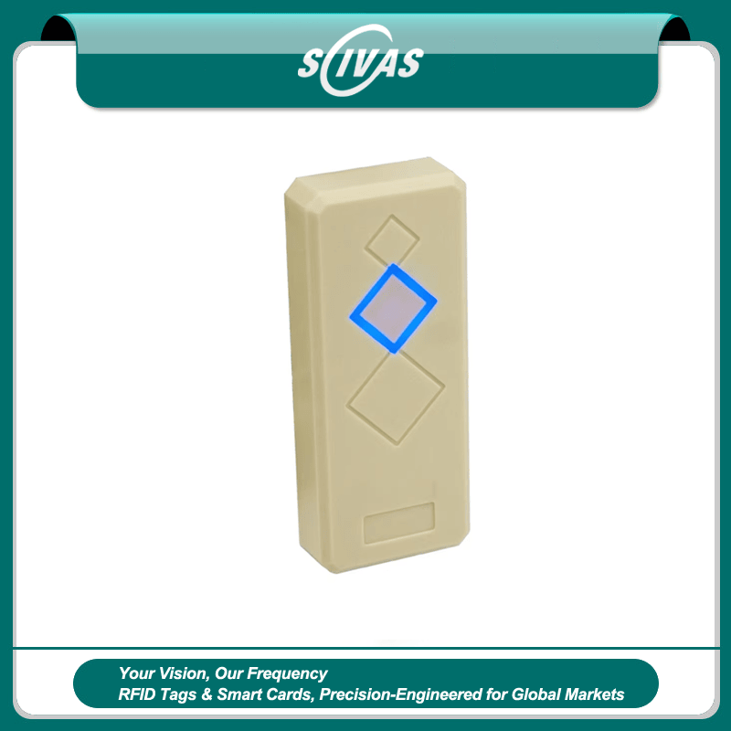 Imagem nítida de Leitor RFID EM 125KHz para Controle de Acesso destacando design em formato de carteira para aplicações de Leitores de acesso RFID.