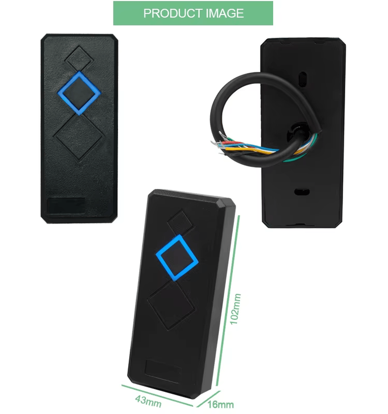 Leitor RFID EM 125KHz com saída Wiegand mostrado com caixa resistente para compradores que comparam soluções de Leitores de acesso RFID.