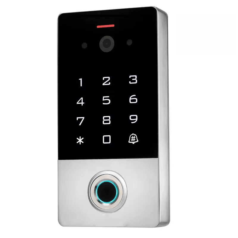 Esta vista detalhada do terminal VF1 destaca o sensor biométrico rápido de impressão digital localizado na parte superior do elegante dispositivo preto