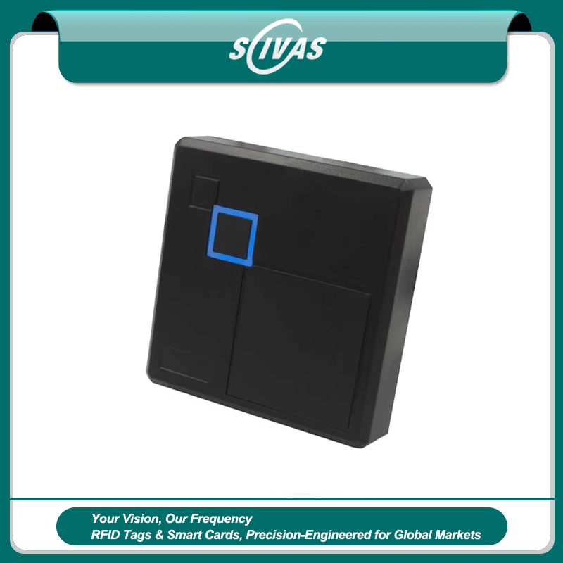 Leitor RFID impermeável de dupla frequência quadrado preto profissional modelo 102a-em-mf desenvolvido para controle confiável de acesso externo em portas.