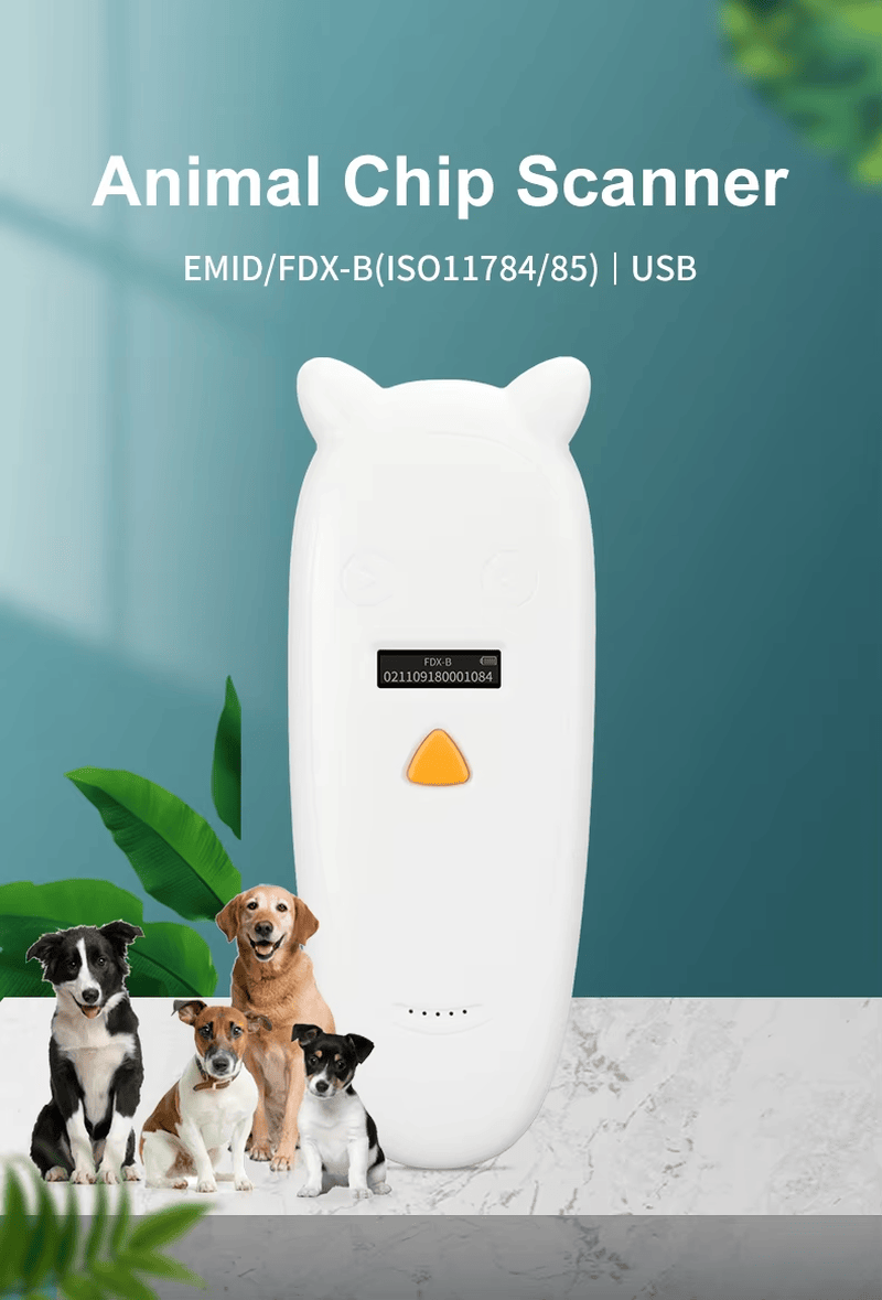 Imagem principal do scanner de chip animal FJ-RD01 com cães, ilustrando a identificação de microchips ISO11784, ISO11785, EMID e FDX-B.