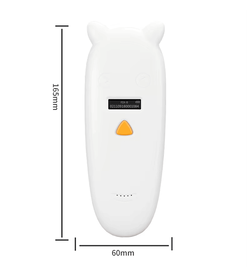 Diagrama de dimensões do scanner FJ-RD01 com 165 mm de altura e 60 mm de largura para operação confortável com uma mão.