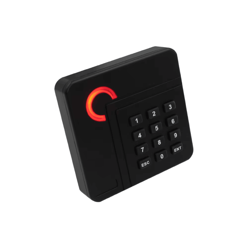 Vista frontal do leitor RFID de proximidade com teclado para comparação de soluções de controle de acessos.