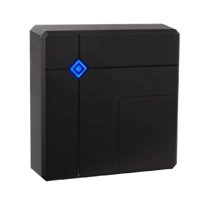 Close do painel frontal do leitor RFID de proximidade 806a com indicador LED de status de duas cores para espera e confirmação de leitura do cartão.