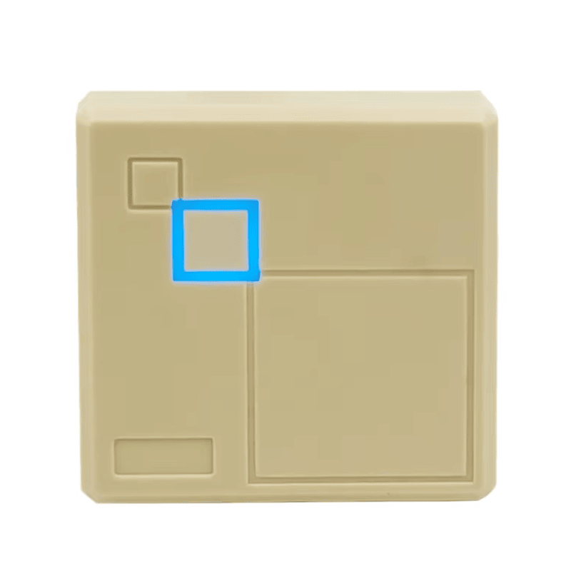 A versão branca do leitor RFID de acesso 102-2634 mostra seu design limpo e minimalista adequado a interiores de escritórios modernos