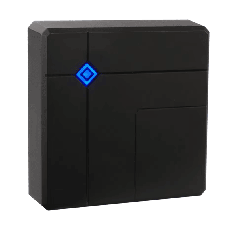 A parte traseira do leitor 331 mostrando o cabo de conexão integrado compatível com formatos de saída de dados USB e Wiegand.