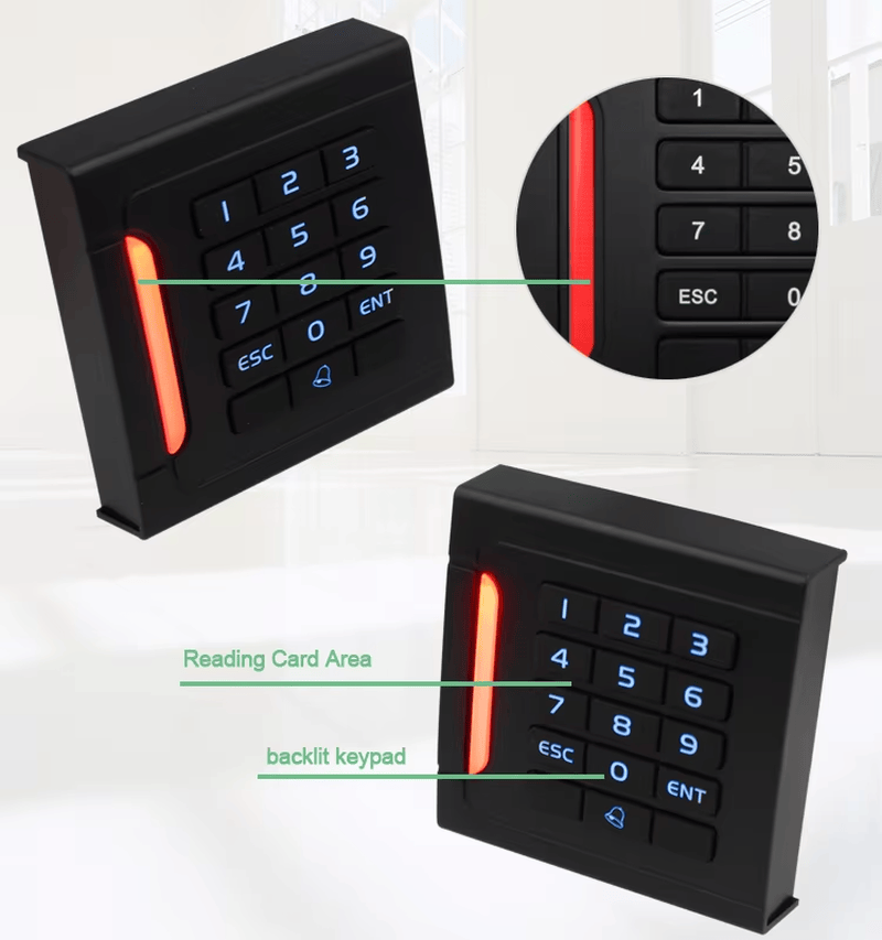 Leitor de acesso 301A-2634 com LED vermelho em espera, LED verde após a leitura e buzzer integrado para confirmação sonora.