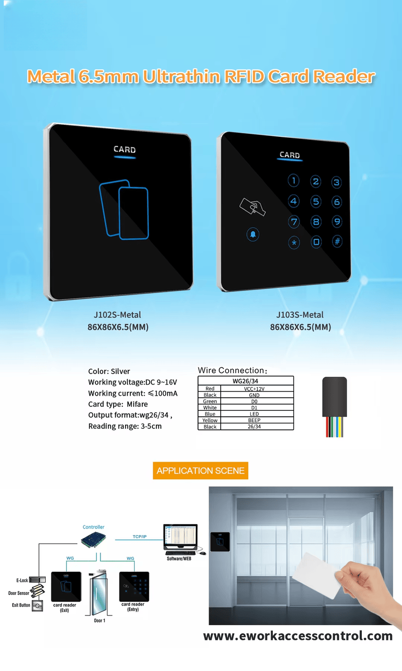 Leitor metálico para controle de acesso com superfície premium e design ultrafino.