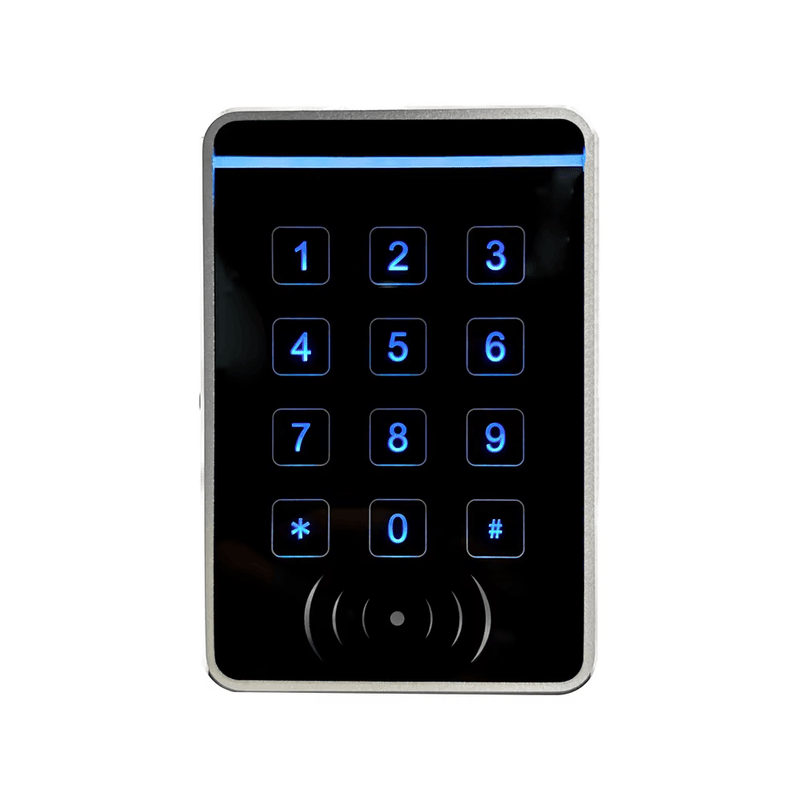 Leitor metálico para controle de acesso em portas seguras, com acabamento escovado para projetos que exigem uma carcaça resistente.
