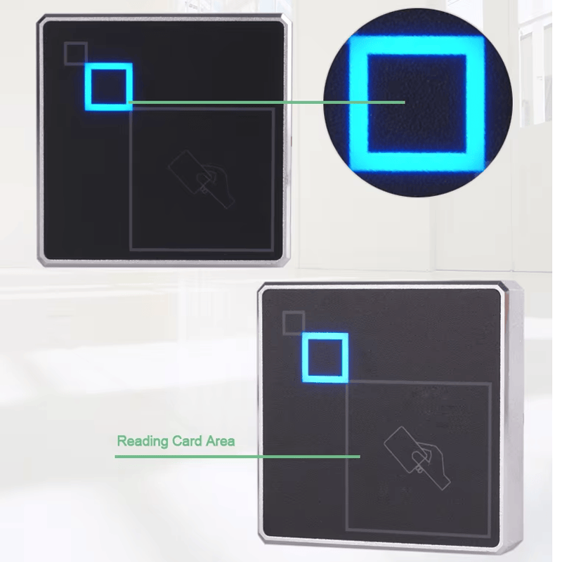 Imagem nítida de Leitor Wiegand Metálico para Controle de Portas destacando indicador LED para aplicações de Leitores de acesso com carcaça metálica.