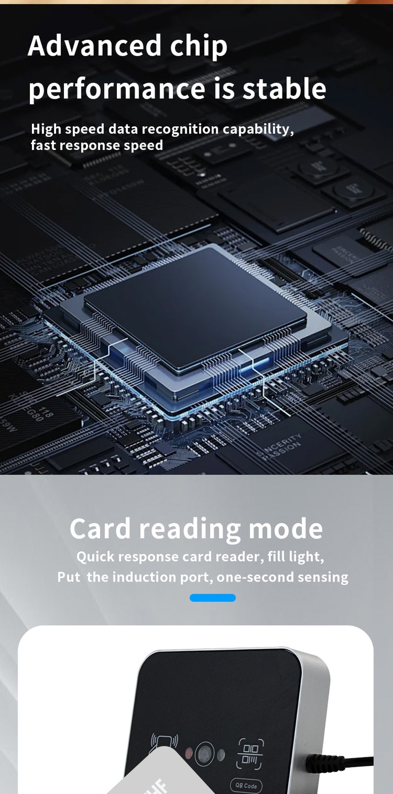 Imagem do Leitor RFID QR Industrial para Entrada Segura com destaque para leitura sem contato em aplicações de Leitores de Acesso por Código QR.