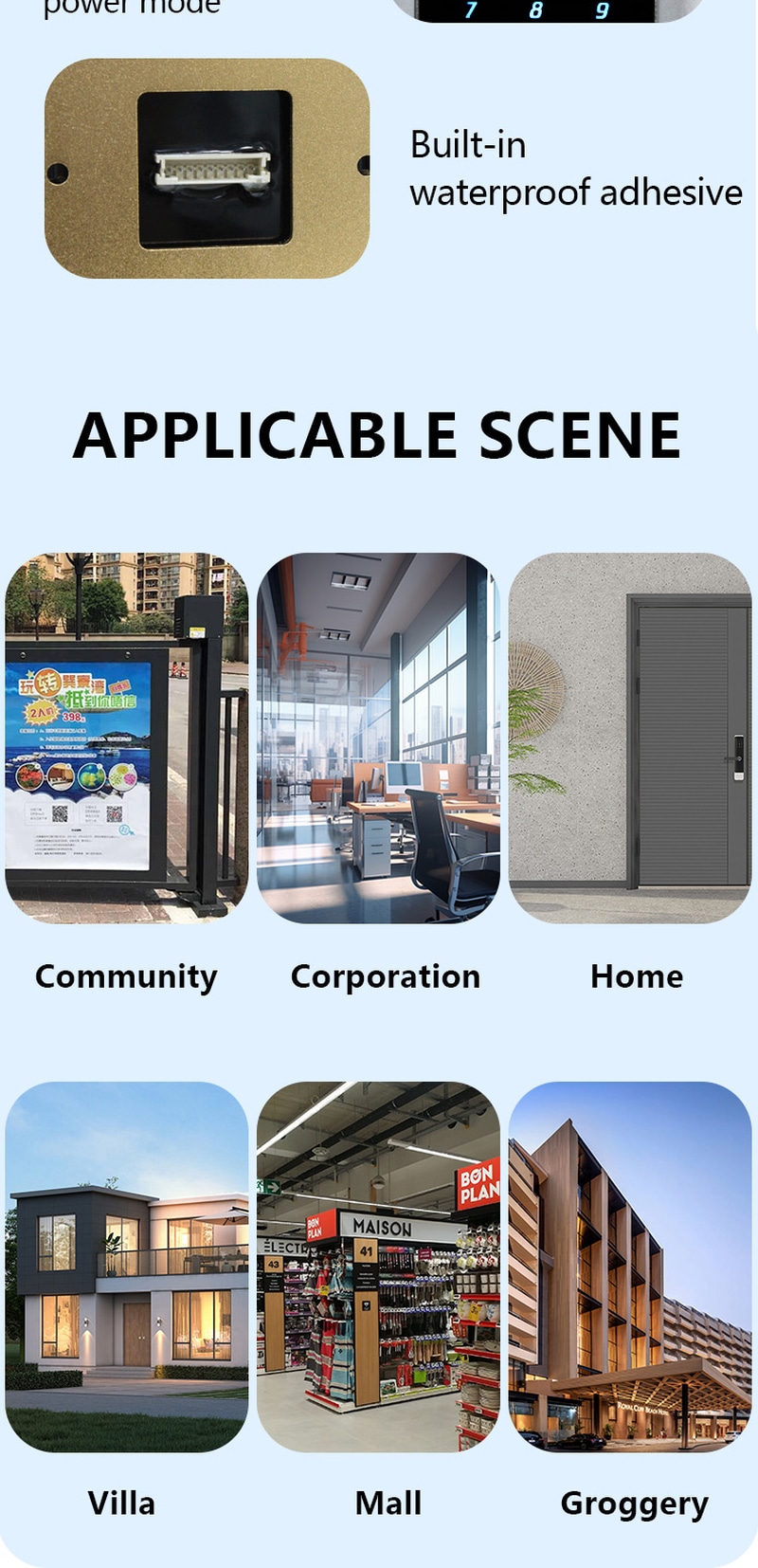 Leitor RFID comercial para portas apresentado com impressão personalizada de cartões, para compradores compararem soluções de leitores RFID de controle de acesso.