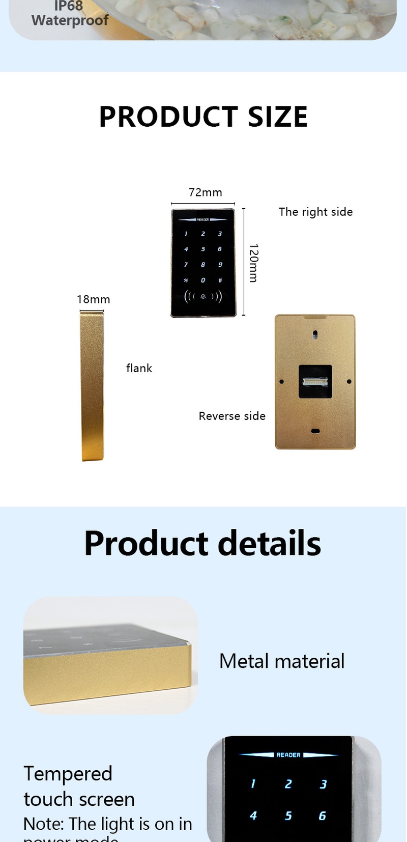 Leitor RFID comercial para portas apresentado em formato compacto, semelhante ao de uma carteira, para compradores compararem soluções de leitores RFID de controle de acesso.