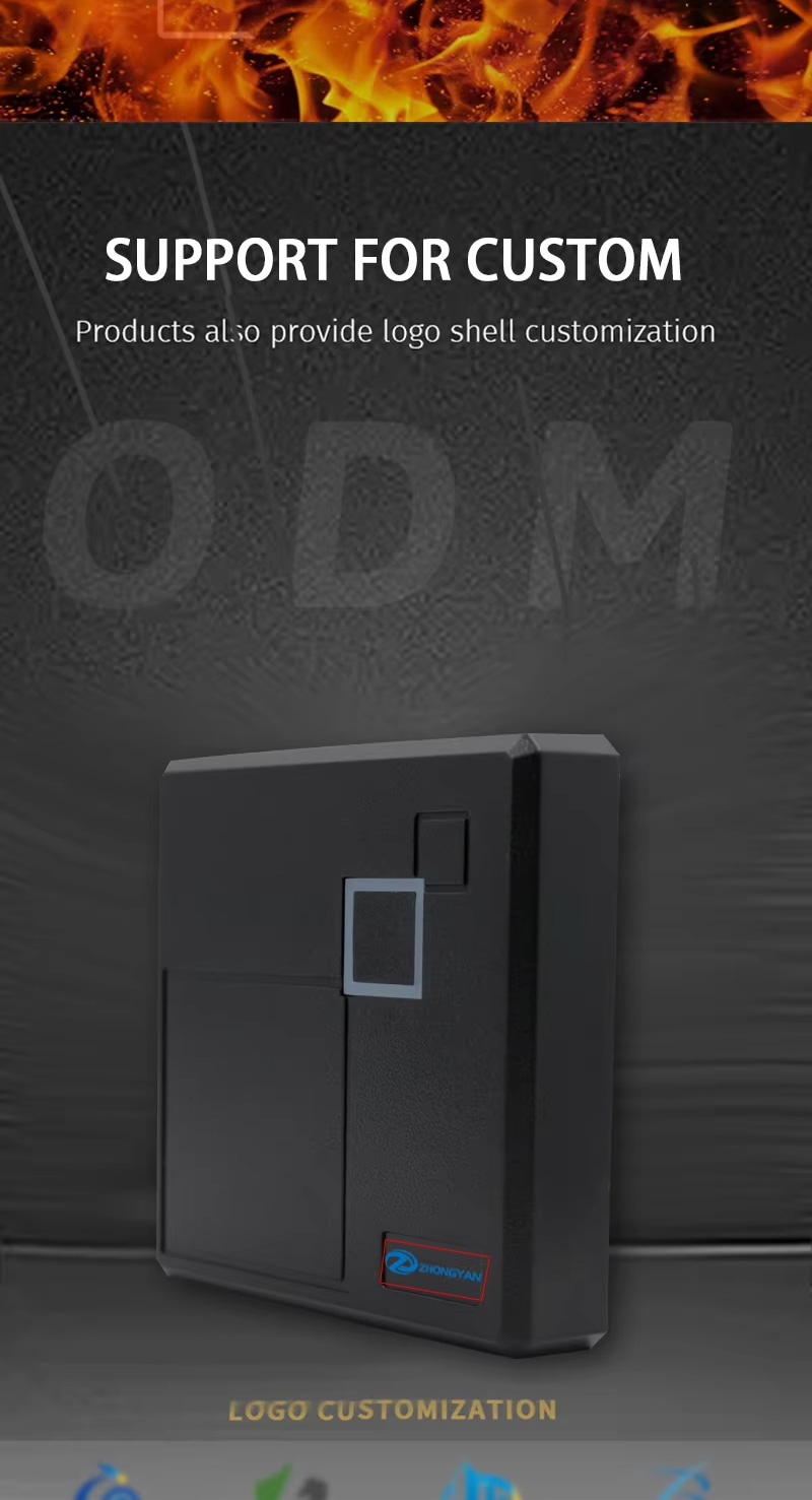 Logotipo personalizado impresso no leitor RFID de acesso.