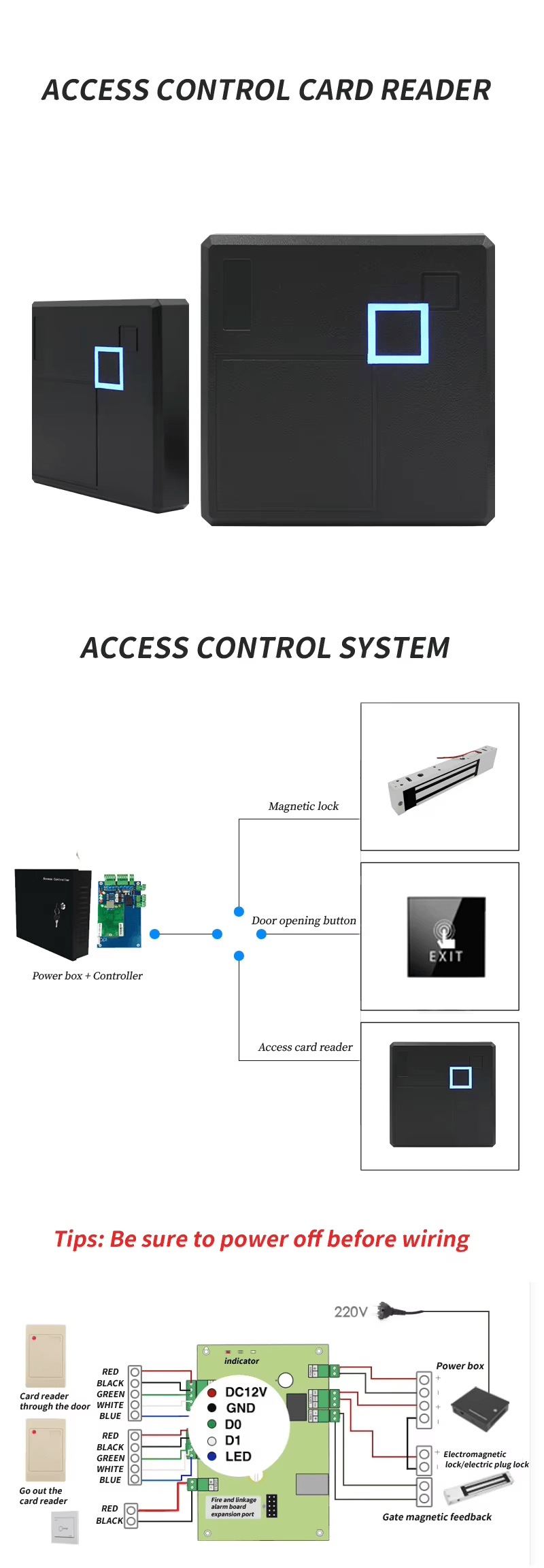 Leitor RFID para controle de entrada integrado em um sistema de segurança de portas.