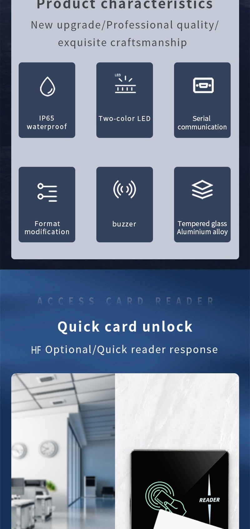 Leitor RFID metálico de 125 kHz para controle de portas com painel frontal e teclado para sistemas de acesso.