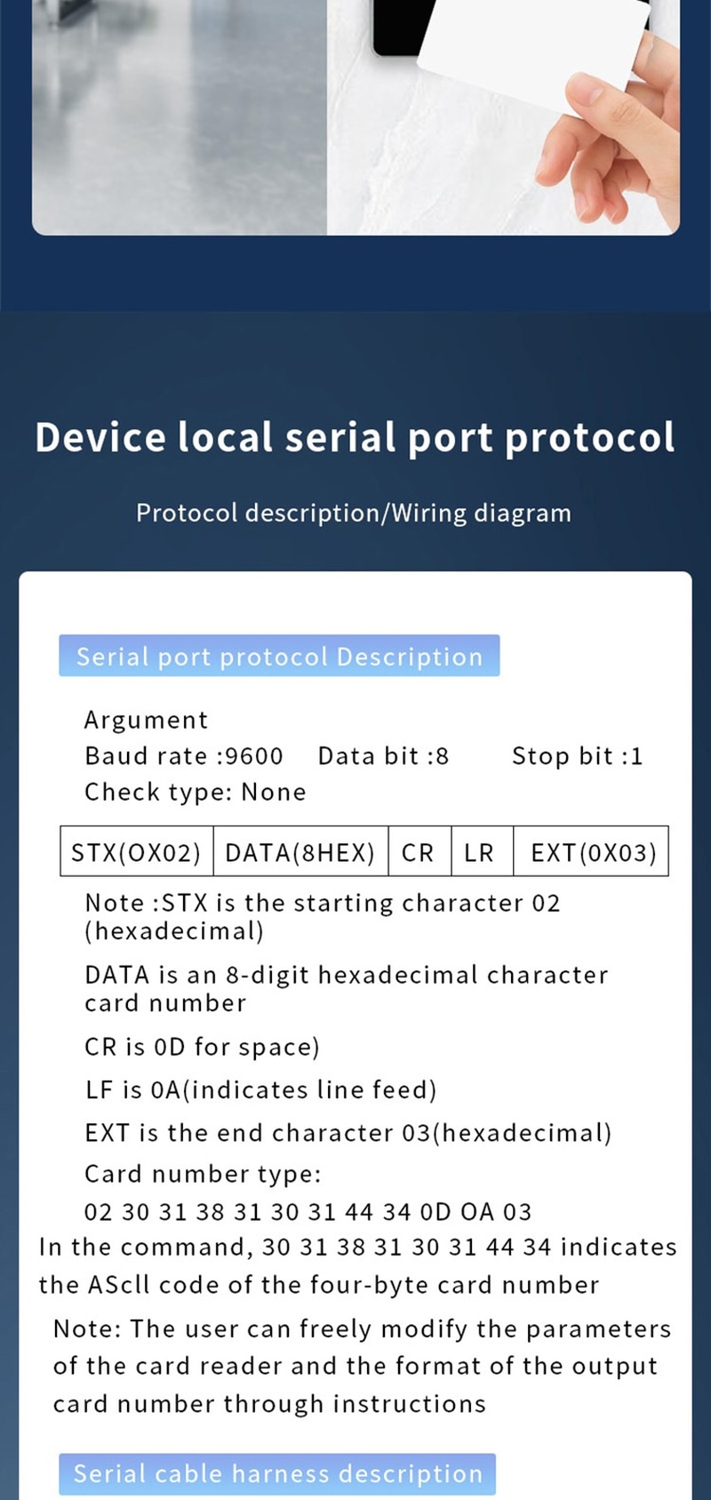 Leitor RFID metálico de 125 kHz para controle de portas apresentado com terminal de conexão para integração do sistema.