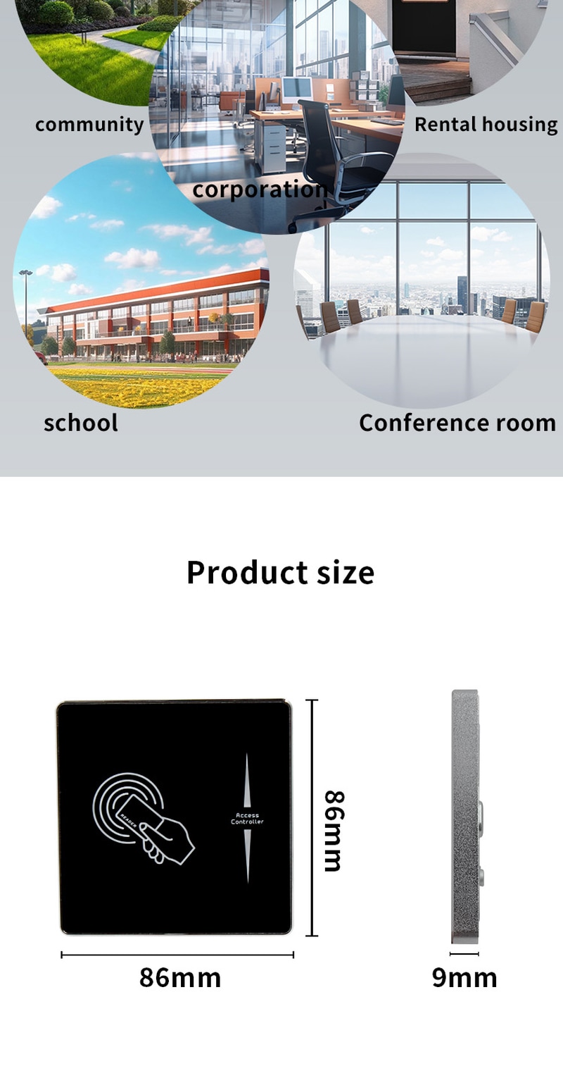 Desenho dimensional do terminal ZY-S131 com tamanho padrão de 86 x 86 mm para facilitar a instalação em edifícios modernos.