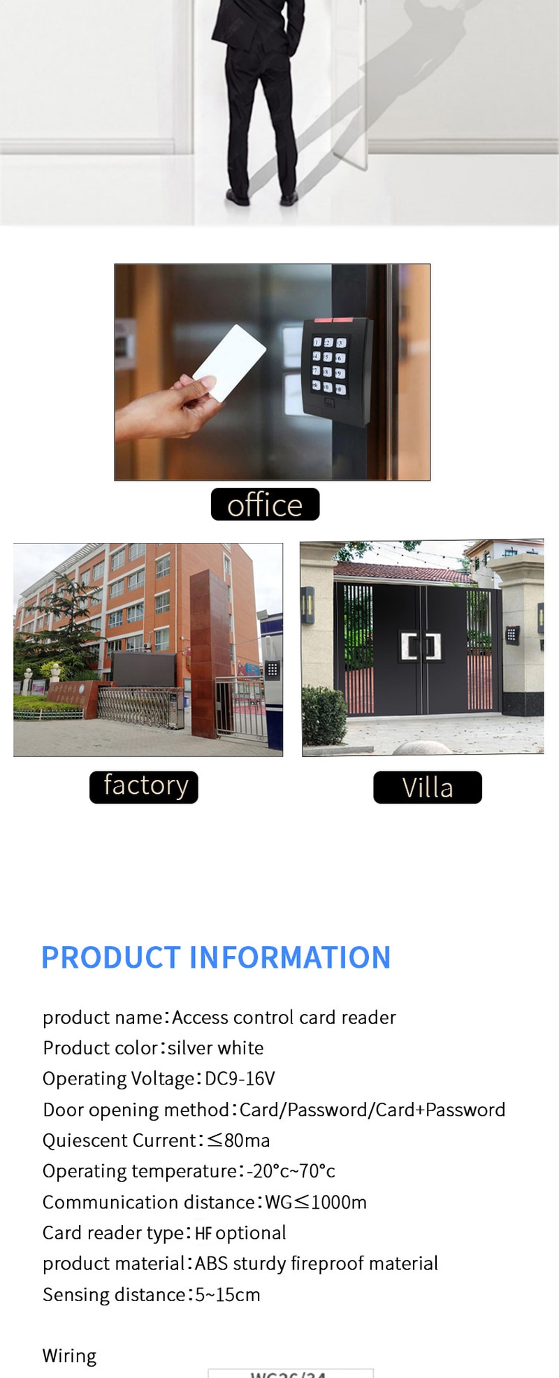 Guia de instalação do leitor ZY-KR204 mostrando como fixar facilmente a placa traseira em diferentes tipos de parede.