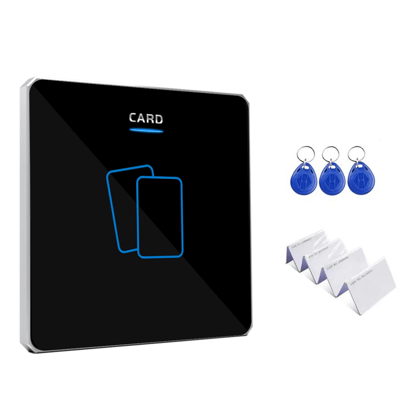 Uma foto em ângulo do leitor J102S destaca sua interface sensível ao toque iluminada compatível com frequência de cartões IC de 13.56MHz para acesso rápido