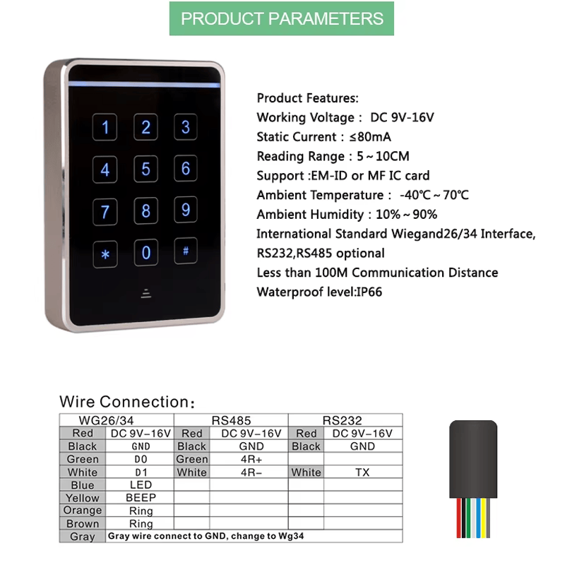 Vista completa do leitor digital RFID para portas J20C-MF projetado para edifícios industriais de grande circulação e segurança de condomínios fechados.