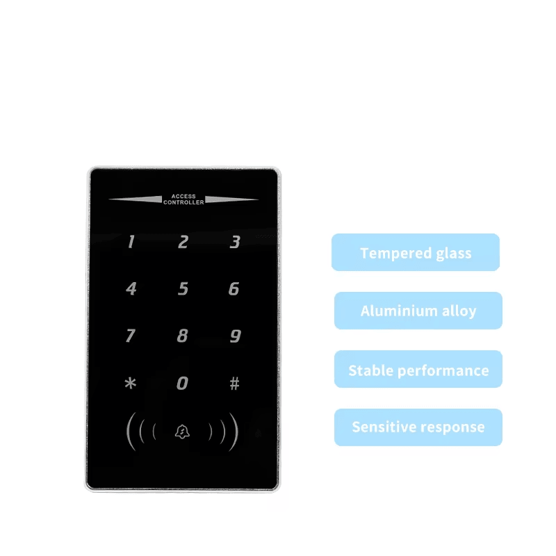 Uma vista lateral detalhada do controlador de acesso metálico ZY-S630 destaca seu design fino e construção durável em liga de zinco para vários tipos de portas.