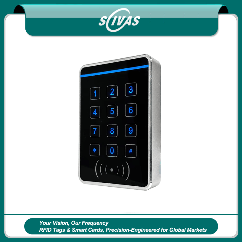 Vista frontal do leitor de acesso com carcaça metálica J20C-MF com teclado numérico retroiluminado de alta qualidade e área de leitura RFID.